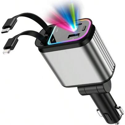 Cargador para Auto con Starlight, Cargador USB C 4 en 1 de 120 Carga Rpida, Cables Retrctiles 80cm y Adaptador de Cargador de Coche, Compatible con 16 15 14 13,