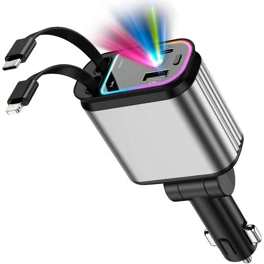 Cargador para Auto con Starlight, Cargador USB C 4 en 1 de 120 Carga Rpida, Cables Retrctiles 80cm y Adaptador de Cargador de Coche, Compatible con 16 15 14 13, - B - Ver 1