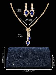 Shiny Rhinestone Flap Evening Bag Party Bag, Elegant And Fashionable Pleated Clutch Prom Bag, With Shiny Rhinestone Jewelry Two Pieces Set, Suitable For Parties, Dinners, Gatherings, Dances, Weddings. - Navy Blue - View 3