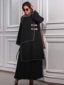Hafizah Đầm Abaya kiểu Dubai Trung Đông với gấu xếp ly và cúc da, màu đen, thích hợp cho mùa xuân. - màu đen - Xem 4