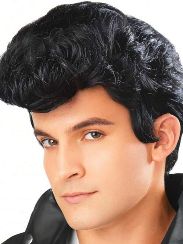 1 pieza Peluca negra ondulada de moda para hombre, cabello sintético para juego de roles de estrella de rock de los 50