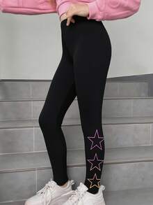 女童渐变星形印花紧身裤，贴身运动瑜伽裤，时尚七分裤，幼儿及女童春秋新款下装 - 黑色 - 查看 1
