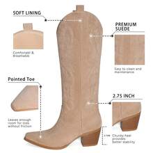 Cowboy Boots For Women Knee High Boots Pointy Toe Suede Boots With Embroidered Chunky Heel Western Boots - Màu Khaki - Xem 5