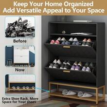 Black Slim Shoe Cabinet With 2 Flip Drawers Narrow Entryway Shoe Storage Organizer With Shelf And Top Cubby - màu đen - Xem 4