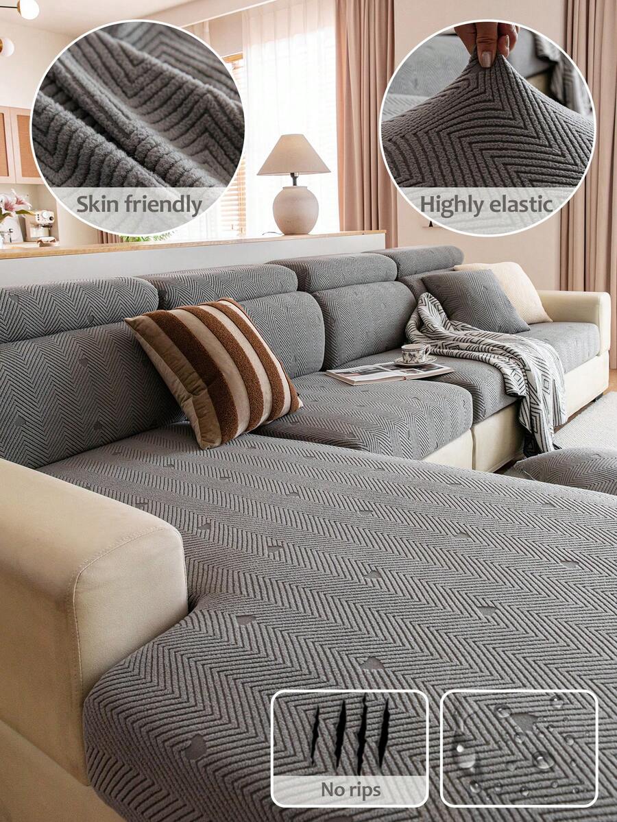 1 Stück gestreifter Sofabezug, Flausch Anti-Kratzen Universal Komplett-Set, Ganzjahres Universal Rutschfeste Sofa Polster, Sofa Polsterbezug, Elastischer Sofahut, Wohnzimmer 1/2/3/4 Sitzer Sofabezug - Dunkelgrau - Übersicht 1