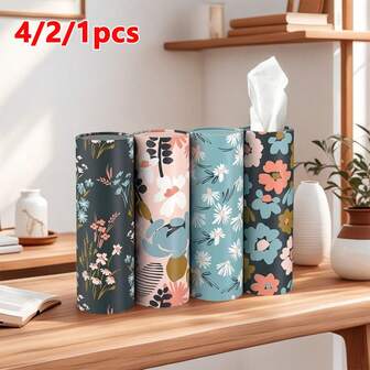 4/2/1pc Car Tissue Holders Floral Tissue Cylinder With 40 Sheets Of Paper Towels Travel Tissues Cylinder Round Tube Tissue Boxes For Vehicle Cup Holders And Home Dining Table, Universal Fit Travel Tissue Containers, Home Decoration