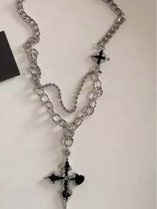 Gothic Y2K Black Cross Heart Pendant Necklace, Suitable For Women, Punk Hip-Hop Style, Full Of Personalized Charm, Ideal Emo Accessory - Black - View 6