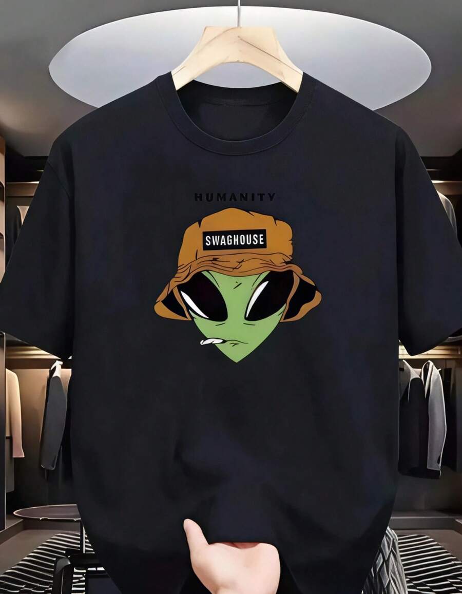 Mujer camiseta casual estampado Humanity, ovni diseño moderno, tejido suave holgada cuello redondo manga corta primavera verano uso diario - Negro - Ver 1