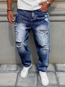 Roughcore Men's Loose Fit Distressed Washed Denim Jeans - Dark Wash - View 9