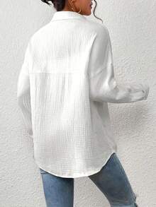 Women'S Casual Long Sleeve Button-Up Shirt - Brown Textured Fabric, Open Front, Loose Fit, Summer Style, Perfect For Casual Attire, Casual Summer Wear | Buttonup Shirt | Textured Fabric - 白色 - 查看 2