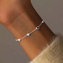 1pc Fashionable Minimalist Niche Unique 925 Sterling Silver Synthetic Cubic Zirconia Geometric Square Heart Round Chain Bracelet For Women, Wedding, Holiday, Party, Banquet - Silver - View 3