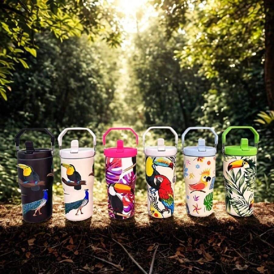 900ML Cup Toucan Pattern Bottle With Cartoon Handle Stainless Steel Large Capacity Thermal Insulation Vacuum Car Water Cup Suitable For Sports, Wedding, Business, Home, Car, Office, Outdoor, Travel, Gifts, School And Other Festivals - Aleatório1 - 查看 1
