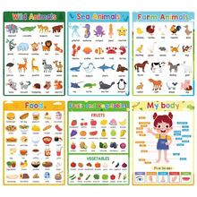 Lachilly Zestaw 6 plakatów edukacyjnych dla dzieci: Zwierzęta, Jedzenie, Owoce i Warzywa, Zabawa i interaktywna nauka, Plakaty edukacyjne A4, Dekoracja do sypialni i klasy