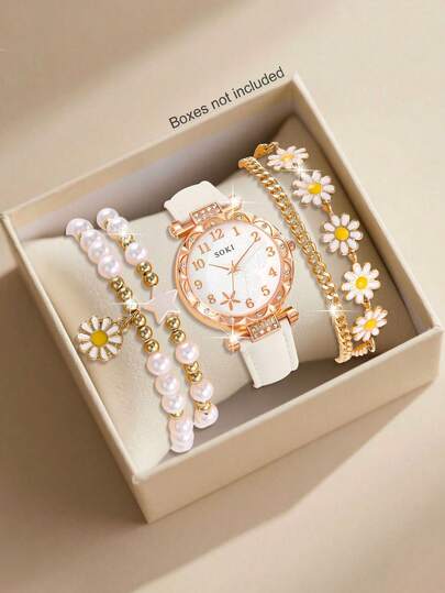 This Fashionable Women's Watch Set Includes: A Starfish-Shaped Dial With Arabic Numeral Hour Markers, A Quartz Movement, A PU Leather Strap, And A Daisy Bracelet. It Is Very Suitable For Daily Wear, Birthday Gifts, Parties, Holiday Gatherings, And Is An Ideal Choice For Yourself Or Your Friends.