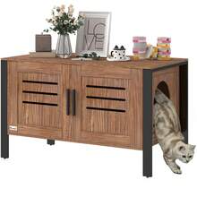 PawHut Cat Litter Box Enclosure W/ Tall Legs, Scratching Board, Dark Brown - Brown - View 2