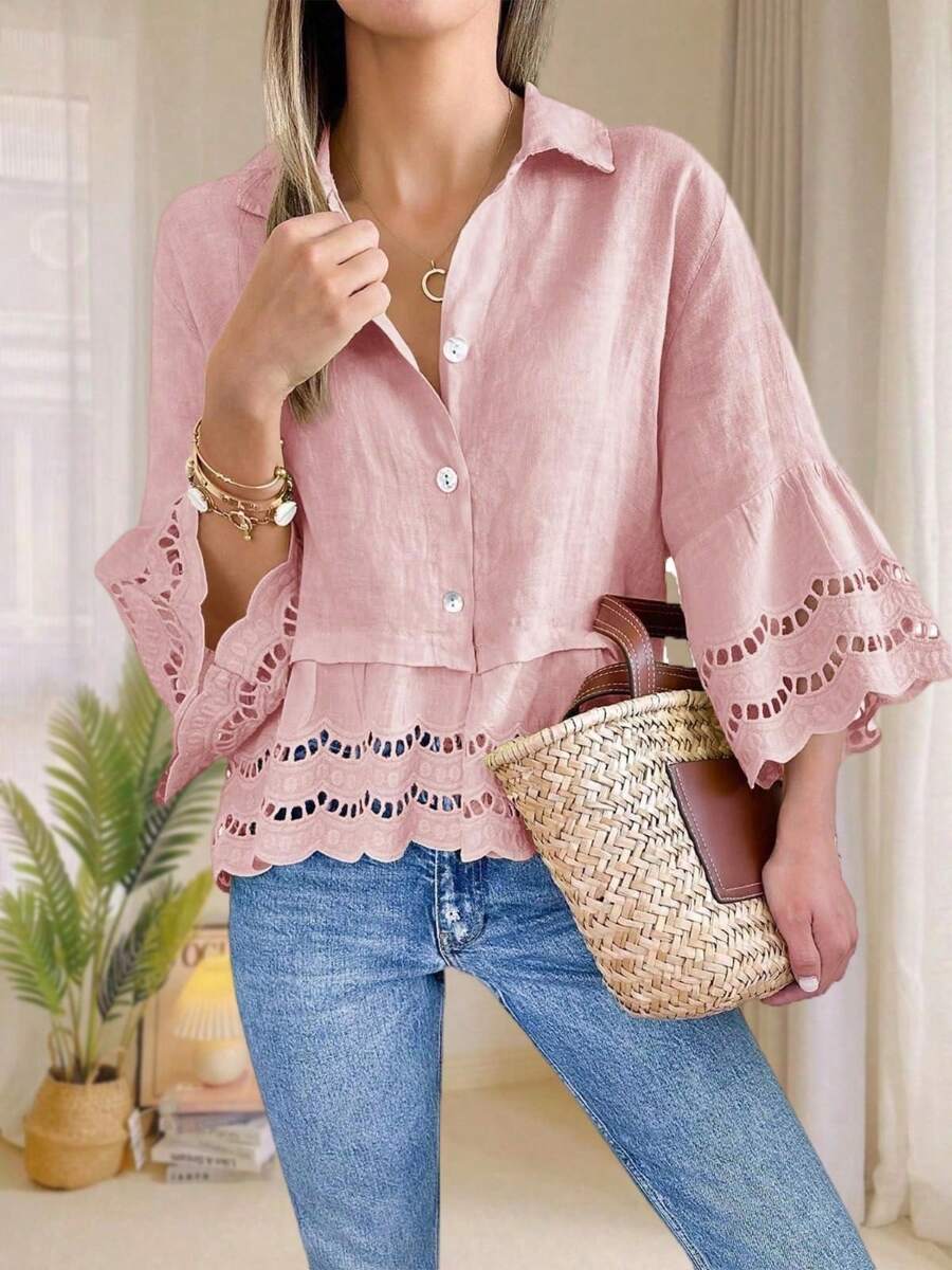Women's Elegant Pink Ruffle Hem Flounce Sleeve Shirt Top With Collar And Wrist-Length Sleeves-Casual Daily Wear /Festival Outfit/Fall Clothes - 粉色 - 查看 1