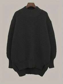 1pc Women High-Low Hem Turtleneck Long Sleeve Sweater, Elegant & Comfortable Autumn/Winter Apparel - Black 3 - View 4