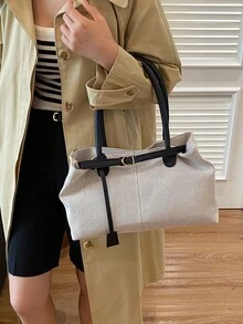 1 pieza Bolso de lona de gran capacidad con parches y decoración de correa negra para mujeres - Negro - Ver 4
