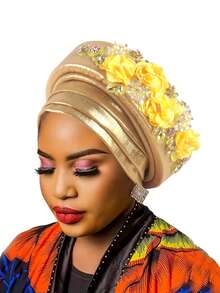 1pc 2025 New Layered Sponge Floral Beauty Turban Hat - Multicolor - View 3
