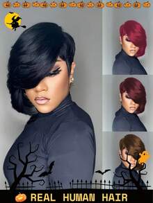 Krótkie peruki dla kobiet z ludzkich włosów, fryzura pixie z grzywką na bok, kolor czekoladowy brąz, czarny, 99J, bordowe peruki pixie dla kobiet, w pełni maszynowo wykonana peruka z ludzkich włosów, peruka bezklejowa, peruka bez koronki z przodu, fryzura warstwowa, krótkie peruki na kostiumy na Halloween, do codziennego użytku