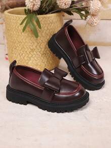 1 Pair Autumn New Accessories Bow Decor Casual Leather Shoes For Toddler Girls, Classic Solid Color Minimalist Soft PU Patchwork, Thick Sole Heighten, -On Convenient, Cute Princess Style Loafers Oxford Shoes, Suitable For School, Daily, Vacation Outdoor Wear, Fit For Children & Teenagers