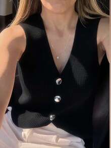 Nadia Women's Fashion Vest With Button - 黑色 - 查看 1