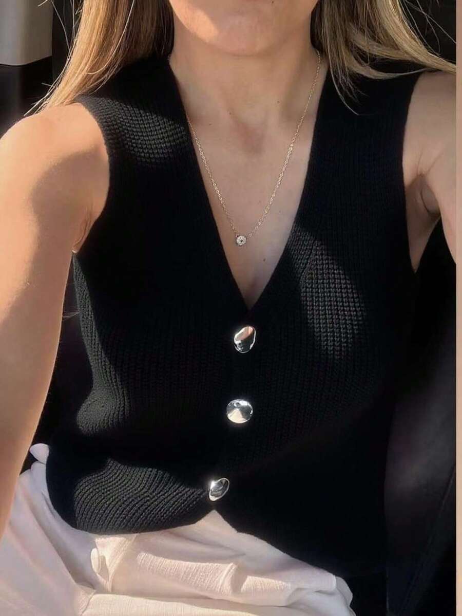 Nadia Women's Fashion Vest With Button - 黑色 - 查看 1