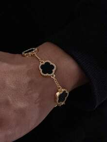 1pc Classic Design Business Fashion Lucky Four-Leaf Clover Bracelet For Men - Black 2 - View 2