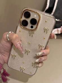 金属 3D 蝴蝶结 17/16/15 Pro Max、14 Pro、11、15 Pro、12 Pro、13 Pro Max 防震手机壳，专为女性设计 - 金色 - 查看 3