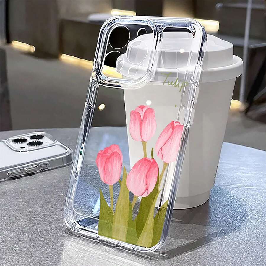 Funda para teléfono con diseño de tulipanes rosados y flores primaverales, compatible con iPhone 16, 15, 14 Pro Max, 13, 12, 11, XR y XS Plus. Fabricada en silicona TPU, ofrece protección contra golpes y caídas, además de una excelente sensación al tacto. Es el regalo ideal para familiares, amigos y seres queridos. - transparente - Ver 1