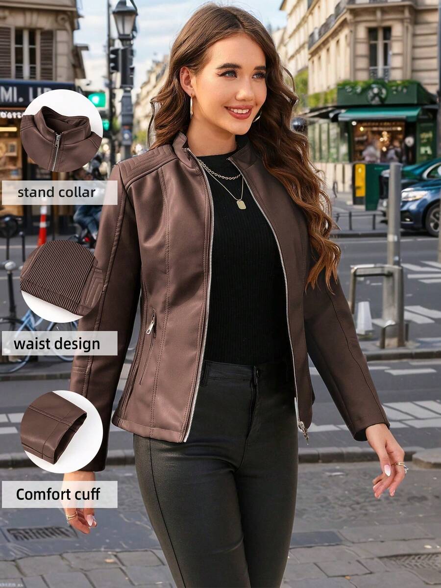 Áo khoác da giả kiểu biker dành cho nữ Giolshon - Khóa kéo bất đối xứng, cổ đứng, phù hợp với phong cách đường phố và đi làm, thích hợp cho mùa xuân. - Nâu sẫm - Xem 1