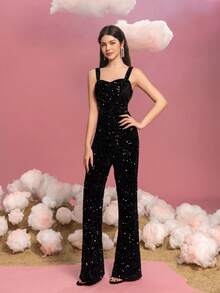 Elegant Square-Neck Sleeveless Sparkly Jumpsuit With Wide-Leg Flare Pants For Teen Girls | Perfect For Formal Banquets, Wedding Receptions, Gala Events, Award Ceremonies, And Red-Carpet Appearances