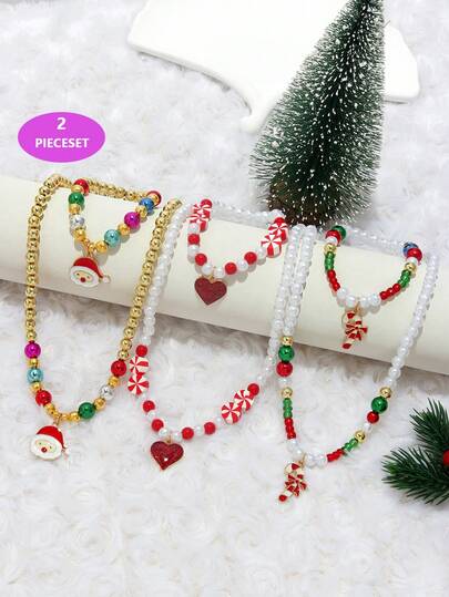 2 件/6 件女孩圣诞老人拐杖糖心形树脂串珠项链和手链套装，适合最好的朋友节日派对，彩色珠子随机搭配