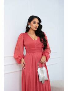 Women's Long Aurora Tulle Dress With Shiny Long Sleeves - Terracota - 查看 2