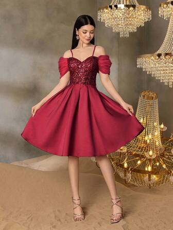 ALISA&LEO Shiny Sequin Graduation Dress - Sheer Ruffle Shoulder, Beaded Sweetheart Bodice, Satin Skirt, Suitable For Graduation Prom, Wedding Guest, School Formal, Birthday Party, And Christmas Family Gathering