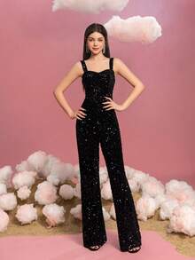 Elegant Square-Neck Sleeveless Sparkly Jumpsuit With Wide-Leg Flare Pants For Teen Girls | Perfect For Formal Banquets, Wedding Receptions, Gala Events, Award Ceremonies, And Red-Carpet Appearances