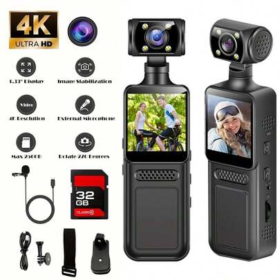 [4K Tragbare Kamera] 4K Tragbare Video-Blogging-Kamera | 270° drehbares 1,33" CMOS-Objektiv, USB-aufladbar, eingebautes Mikrofon & Stabilisierung für Livestreaming, Vlogging, Reisen, Actionkamera, mit 32 GB SD-Speicherkarte