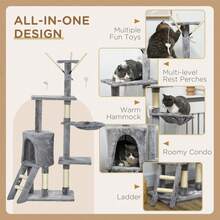 PawHut 53" Cat Tree, Large Cat Tower With Scratching Posts, Condo, Perches, Ladder, Hammock, Dangling Toys, Multi-Level Kitten Activity Centre, Grey - 灰色 - 查看 6