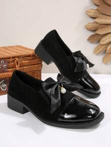 Solid Color Fashionable Sexy Versatile Comfortable Elegant Low Heel High Heel Non-Slip Sandals, Suitable For Home, Beach, Party, All Seasons, Outdoor, Country Resort, Banquet, Durable Ladies Dress Shoes, Round Toe High Heels, Chunky Heel High Heels With Bow Decor, Patchwork Uppers Dress Shoes