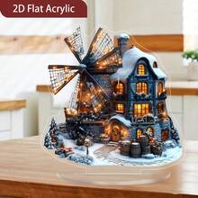 1 pieza Decoración de molino de viento navideño en 2D - Estilo molino de viento holandés, sin necesidad de electricidad - Decoración plana de acrílico para escritorio o colgar, adecuada para el hogar, la oficina, el alféizar de la ventana - Atmósfera de pueblo invernal retro, regalo de Navidad ideal, acento de mesa festiva, encanto de cuento de hadas, excelente artesanía, 2D plano