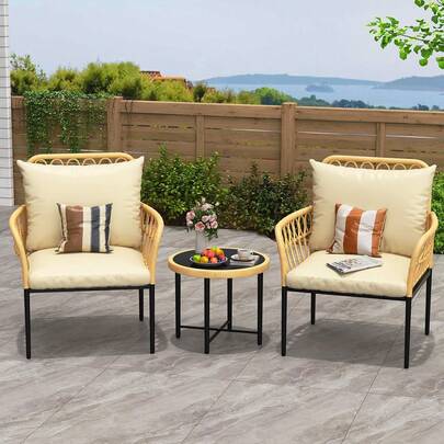 Juego de 3 Piezas para Bistro Exterior, Sillón de Mimbra Resistente a la Intemperie con Mesa y Cojines, Set de Conversación Beige para Jardín, Patio o Terraza