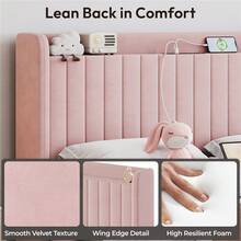 Butterslay Elegant Velvet Bed Frame With Charging Station, Platform Bed Frame With Upholstered Headboard, Wood Slat Support, Pink/Beige, Queen/Full Size - 粉色 - 查看 7