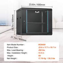 9U Wall Mount Network Server Cabinet, 39.37 Cm Deep, Server Rack Cabinet Enclosure, 90.7 Kg Max. Ground-Mounted Load Capacity, With Locking Glass Door Side Panels, For IT Equipment, A Or V Devices - Black - View 7