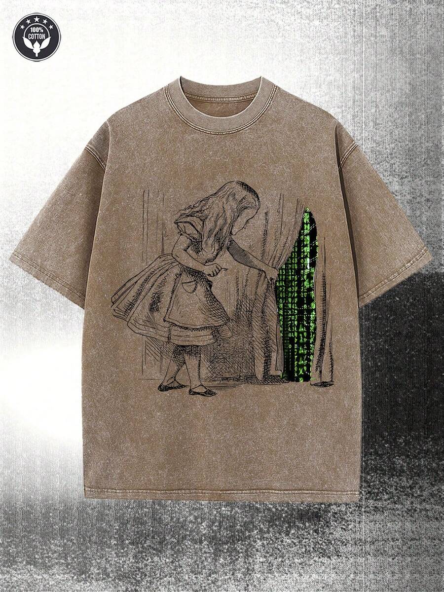 230g Water Washed, Green Printed Men's T-Shirt For Girls Opening Curtains, High-Quality Wax Printed Cotton All Season Casual T-Shirt, Perfect Gift For Streets Or Outdoors, Holiday - 卡其色 - 查看 1