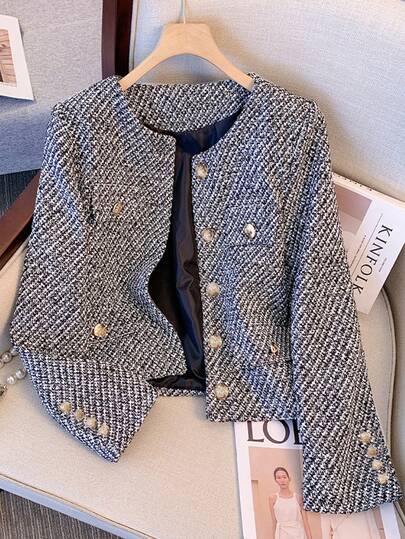 YooLy Autumn Thin Front-Button Tweed Coat