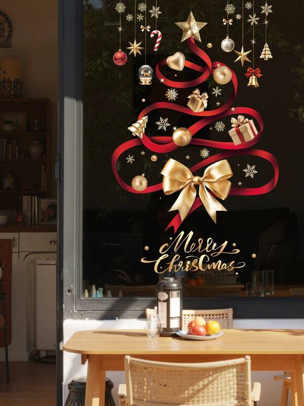 1-2 peças de adesivos de parede para decoração de árvore de Natal com laço de fita vermelha, adesivo de decoração de Papai Noel azul fantasia, decoração de vidro para janela, adesivo estático, decoração clássica para feriados, dupla face visível, adesivo de vidro, adequado para casa, banheiro, festa, decoração de loja, decoração de vidro para quarto, decoração de casa. Decoração de Natal, decoração de Natal, decoração de árvore de Natal, decoração de presente, Ação de Graças, casamento, decorações de aniversário para presentes, enfeites de Halloween para feriados internos