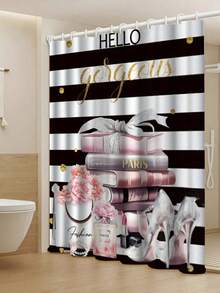 1/4 Pcs Fashion Black & White Striped Shower Curtain Set, Girls Pink Rose Perfume High Heel Shower Curtain & Bath Mat, Comes With 12 Free Hooks, Home Bathroom Accessories, Bathroom Window Curtain Shower Set With 12 Hooks, Bathroom Accessories, Waterproof Polyester Fabric, Anti-Slip Bathroom Mat, Anti-Slip U-Shaped Toilet Mat, Bathroom Divider, Decorative Accessories, Modern Home Room Decor, Hanging Curtain Decor, Suitable For Home Decor, Bathroom Decor, Christmas Decor, Holiday & Daily Decor