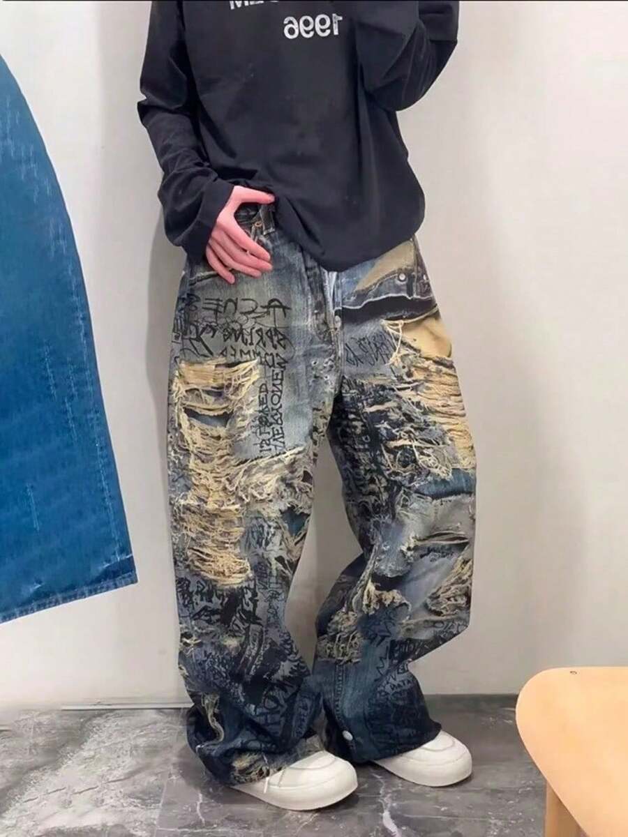 Men's Street Style Destruction Retro Graffiti Jeans Men's And Women's Spring/Summer 3D Printed Washed Street Wide Leg Pants - 藍色 - 查看 1
