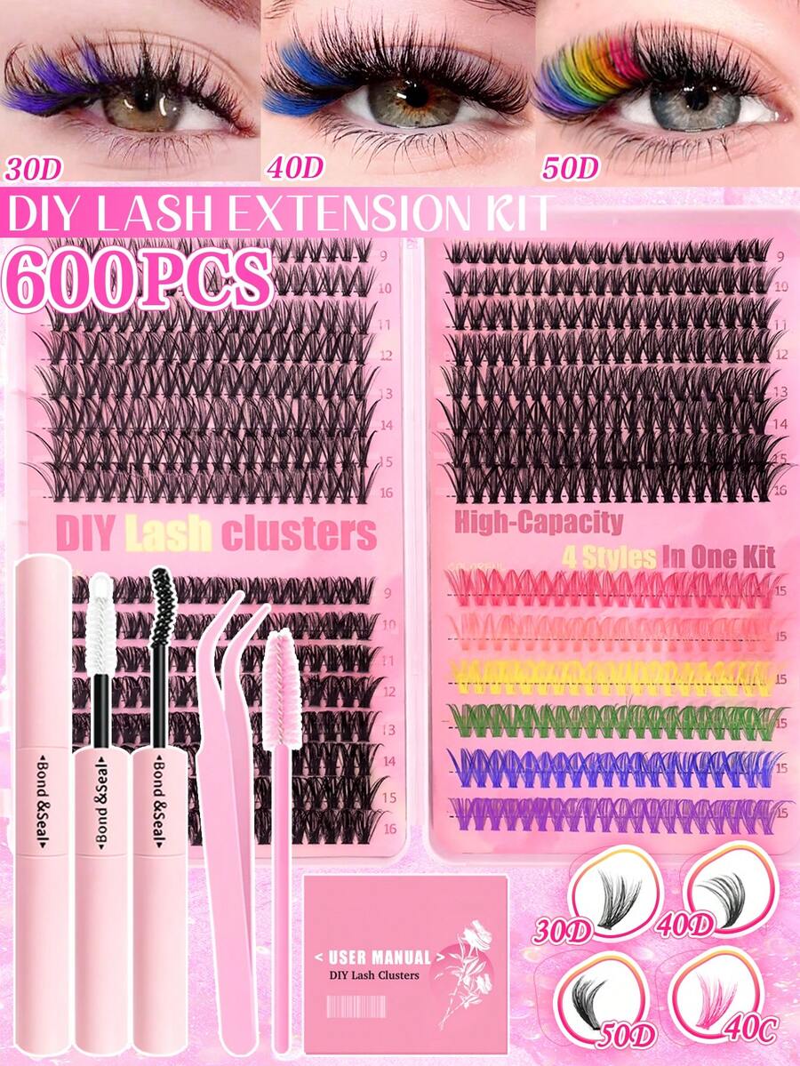 600Pcs Individual False Eyelash Clusters, Large Capacity, 9-16mm, 30D 40D 50D 30C, Colorful Cat Eye Lashes Available, Natural, Thickened, Volumizing Lashes, Comes With 1 Small Colorful Lash, Perfect For Beginners, Reusable, Ideal For Dinner Parties, Family Gatherings, Parties, Bars, And Dance Outfits - Đen+(Hồng,/cam/vàng/xanh lá/xanh dương/tím) (60 chiếc) - Xem 1