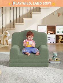 Kids Couch,2-in-1 Mini Toddler Couch Fold Out,Convertible Sofa To Lounger,Foam Kids Sofa With Soft Sherpa,Comfy Kids Chair With Cute Wave Design,Gift For Girls Boys,1PCS - Verde - Ver 2